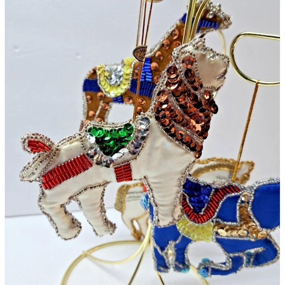 Four Animal Christmas Ornaments Satin Fabric Beaded Sequins Shiny Vintage Decor
